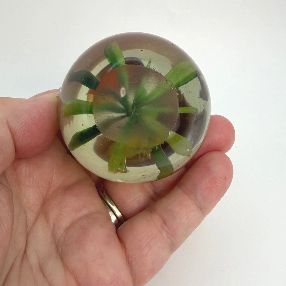 Floral Art Glass Paperweight Pink Yellow Flowers Clear Glass Orb